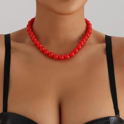 Boho Gothic Thick Red Pearl Necklace Pendant Cute Chunky Seed Bead Chain Choker Dainty Round Beaded Strand Collar Short Simple Delicate Statement Exaggerated Minimalist Jewelry for Women