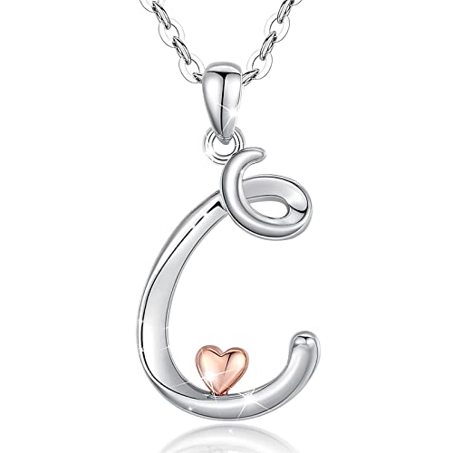 CELESTIA 925 Sterling Silver Initial Necklaces 26 Letter with Rose Gold Heart - 18 Inch Chain - color: C-Initial