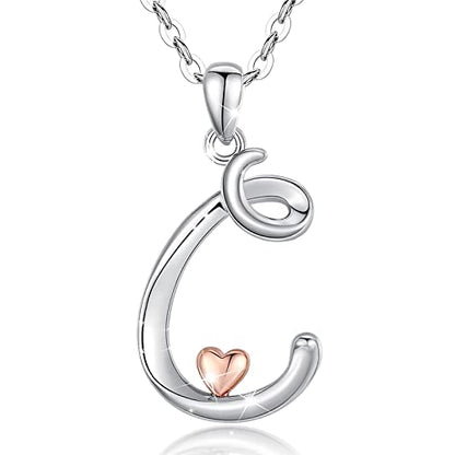 CELESTIA 925 Sterling Silver Initial Necklaces 26 Letter with Rose Gold Heart - 18 Inch Chain - color: C-Initial
