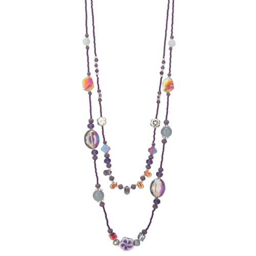 FULU AUTUMN Long Layered Beaded Necklaces for Women Statement Double Bead Strand Ceramic Flower Boho Jewelry Gifts for Mom - color: Purple