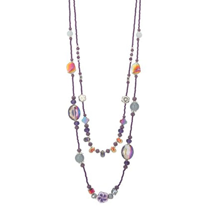 FULU AUTUMN Long Layered Beaded Necklaces for Women Statement Double Bead Strand Ceramic Flower Boho Jewelry Gifts for Mom - color: Purple