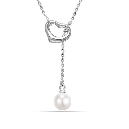 LeCalla 925 Sterling Silver CZ Necklace for Women Jewelry Lightweight Adjustable Lariat Zirconia Choker Y Chain Necklace - color: Freshwater Pearl Heart Y Necklace