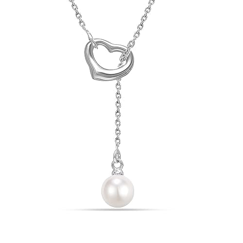 LeCalla 925 Sterling Silver CZ Necklace for Women Jewelry Lightweight Adjustable Lariat Zirconia Choker Y Chain Necklace - color: Freshwater Pearl Heart Y Necklace