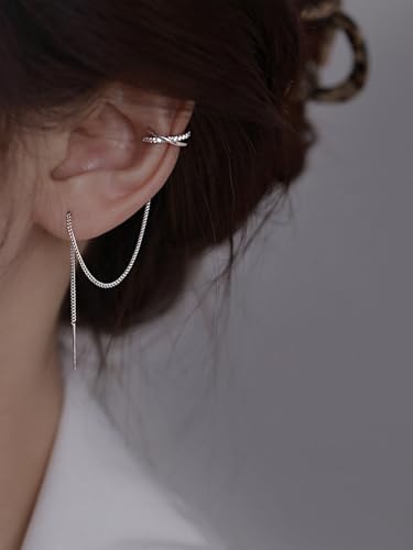 Long Chain Cuff Earrings Gold Silver Wrap Tassel Earrings Minimalist Cz Round Stud With Chain Cuff Double Piercing Jewelry Statement Fake Earrings for Women - color: style1-silver-2pcs