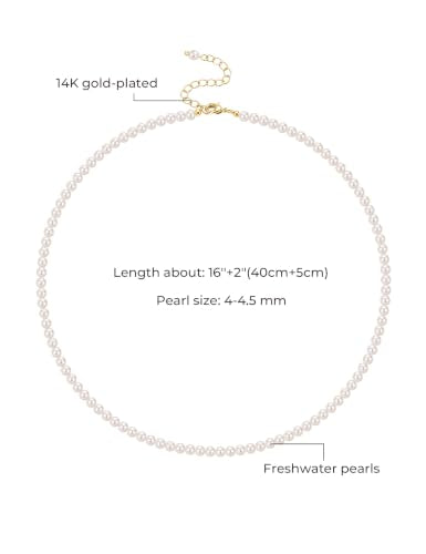 EAMTI Freshwater Cultured Pearl Necklace for Women, 5-5.5mm Classic Pearl Strand Choker, Dainty Beaded Necklace 16 Inch Trendy - color: 4-4.5mm-White
