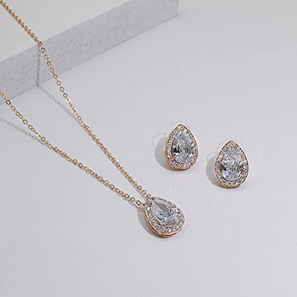 Teardrop Cubic Zirconia Jewelry Set Necklace Earrings Bracelet Bridal Wedding Jewelry for Women Bridesmaid Prom Party - color: 2 Set - Rose Gold Plated