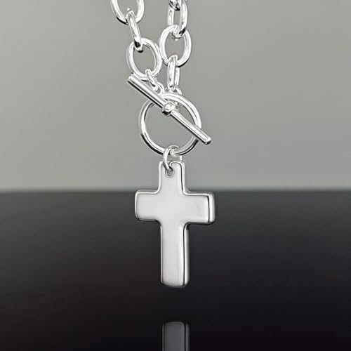 Zeffy 14K Gold/Silver Plated Chunky Thick Chain Toggle Clasp Necklace Dainty Baroque Pearl/Heart/Cross/Turquoise Pendant Necklace - color: Silver Small Cross Necklace