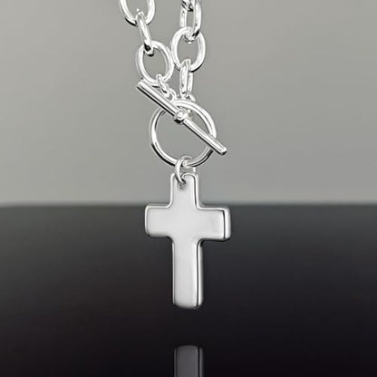 Zeffy 14K Gold/Silver Plated Chunky Thick Chain Toggle Clasp Necklace Dainty Baroque Pearl/Heart/Cross/Turquoise Pendant Necklace - color: Silver Small Cross Necklace