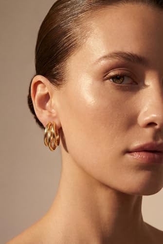 Chunky Gold Hoop Earrings for Women 14k Gold Plated Thick Triple Earrings | Hypoallergenic Trendy Chunky Gold Hoops Earrings,Dainty Jewelry Gifts for Women - style: 30MM/tripe hoop earrings