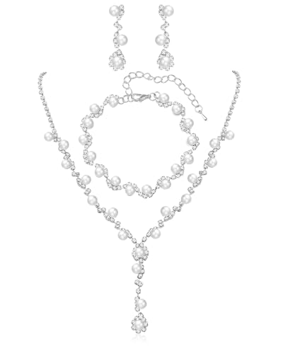 Pearl Jewelry Set for Women with Cubic Zirconia and Pearl Dangle Bridal Earrings Necklace Bracelet Set for Wedding Jewelry