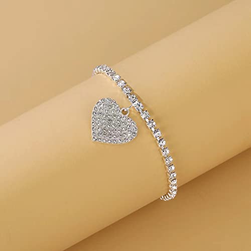 Fesciory Heart Rhinestone Ankle Bracelets for Women, Adjustable Silver Plated Shiny Tennis Anklets, Twinkle Cubic Zircon Imitation Diamond Anklet Foot Chain Jewelry Gifts - color: Thin Heart