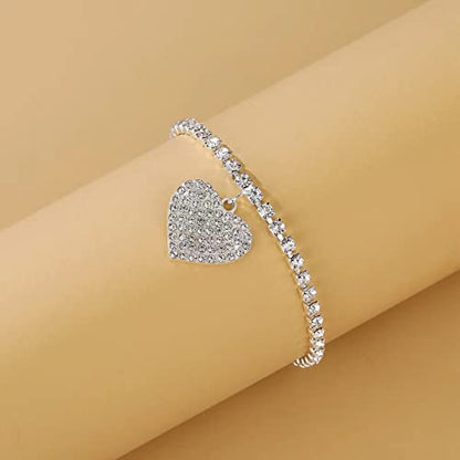 Fesciory Heart Rhinestone Ankle Bracelets for Women, Adjustable Silver Plated Shiny Tennis Anklets, Twinkle Cubic Zircon Imitation Diamond Anklet Foot Chain Jewelry Gifts - color: Thin Heart