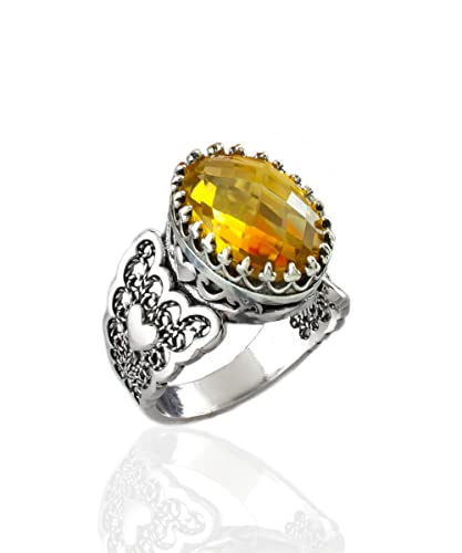 Filigranist 925 Sterling Silver Handcrafted Filigre Art Double Heart Detailed Women Cocktail Ring with Gemstones - color: Citrine