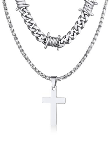 Bandmax Stainless Steel Barbed Wire Cuban Chain Necklace for Men & Women | Edgy Fierce Design, Waterproof & Tarnish Resistant, Silver/Black Tone, 5/7/9/12MM, 16-22 Inches, Street Punk Style Jewelry - color: A4 9MM+Layering Cross-Silver, size: 16 Inch (40c