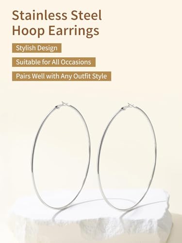 FindChic Thin Hoop Earrings for Women,Silver/Black/Gold Plated 20-100mm - color: Silver, size: 90mm
