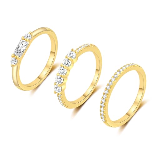 FUNEIA Stackable Silver Gold Rings for Women Non Tarnish 14K Gold Plated Thumb Cubic Zirconia Rings for Women Dainty Pinky Promise Wedding Ring Set Women's Engagement Eternity Band Rings Gold Jewelry - color: D-Gold Cubic Zirconia Rings
