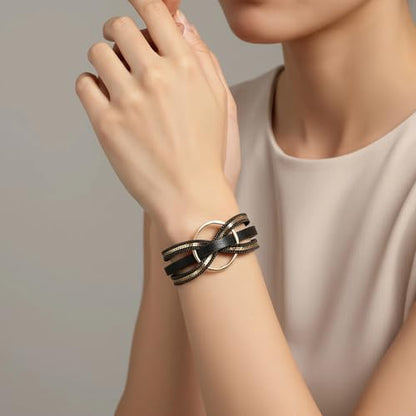 Edoneery Leather Wrap Bracelets for Women, Boho Layered Cuff Bangle | Multi-layer Leather Cuff, Daily wear, Stackable Bangle, Easy on-off, Western Jewelry Gifts for Women - color: Black-6