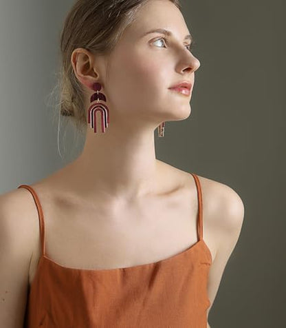 Ozel - Natural Wooden Acrylic Boho Drop Dangle Earrings for Women - Geometric Statement Jewellery - Brown, Black, Magent Red, Olive Green, White beige - color: Arch_Magenta