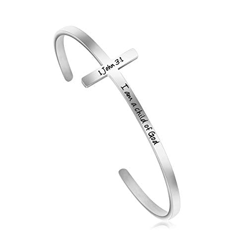𝐂𝐫𝐨𝐬𝐬 𝐁𝐫𝐚𝐜𝐞𝐥𝐞𝐭 Religious Cuff Bangle 𝐁𝐢𝐛𝐥𝐞 𝐕𝐞𝐫𝐬𝐞 Christian Gifts Jewelry for 𝐖𝐨𝐦𝐞𝐧 - style: Silver cuff-I am a child of god -1 John 3:1