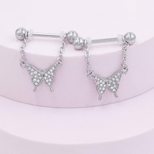 14G Bow Knot Dangle Nipple Rings for Women Silver Chain CZ Crystal Butterfly Nipple Shield Barbell Nipplerings Piercing Sexy Body Piercing Jewelry - color: Butterfly