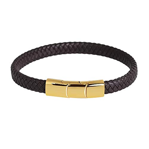 Geoffrey Beene Men's Braided Genuine Leather Bracelet with Stainless Steel Closure - color: Brown, Gold