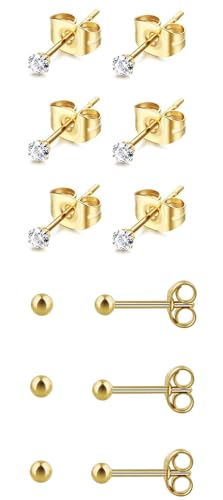 6Pairs 2mm/3mm Surgical Steel Hypoallergenic Piercing Studs, 20G 14K Real Gold Filled Tiny Stud Earrings Set for Multiple Hole Piercing (Cubic Zirconia, Pearl, Ball) - style: L : 3MM, Gold Ball + Cubic Zirconia, 6 Pairs