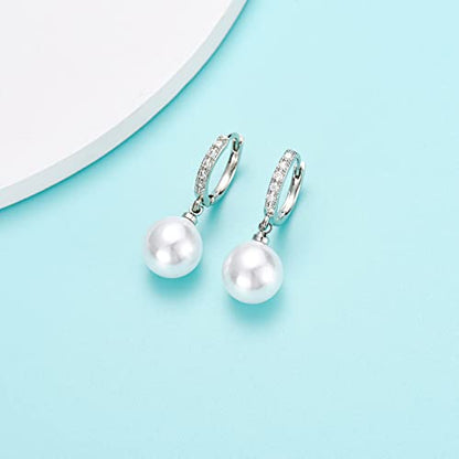 CERSLIMO Pearl Drop Earrings for Women | S925 Sterling Silver Post Simulated Shell Pearl Hoop Dangle Earrings, Hypoallergenic Cubic Zirconia Huggies Earrings Bridesmaid Jewelry - style: 01 Silver-Round