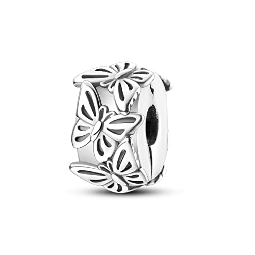 Parmuz Clip Spacer Charm for Bracelet 925 Sterling Silver Stopper Beads | Pave Lock Stopper Charm for Necklace Pink Daisy Butterfly Cubic Zirconia Openable Beads Jewelry Gift for Woman - color: Butterfly clip charm
