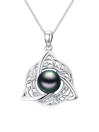 Tahitian Black Pearl AAAA 18K White Gold Plated Sterling Silver Leaf Celtic Knot Pendant Necklace for Women Wife Mom Girlfriend Her Jewelry Gift for Anniversary Birthday