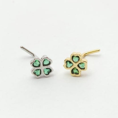 2Pcs 20G CZ Four Leaf Clover Nose Studs Rings for Women Gold Silver L-Shaped Surgical Steel Nose Stud Ring ST Patricks Day Nose Nostril Piercing Jewelry - color: Gold