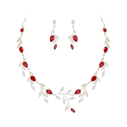Cubic Zirconia Leaf Vine Wedding Jewelry Set for Bride Women Bridesmaid | Pear-Shaped Birthstone, Necklace Dangle Earrings for Bridesmaid, Silver-Plated-Brass - color: 2pcs_Red Gold-Plated-Brass