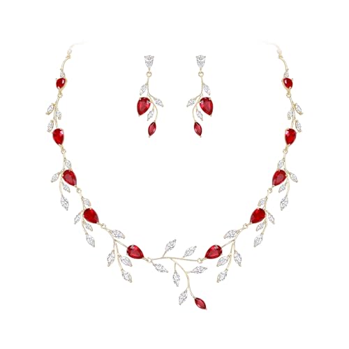 Cubic Zirconia Leaf Vine Wedding Jewelry Set for Bride Women Bridesmaid | Pear-Shaped Birthstone, Necklace Dangle Earrings for Bridesmaid, Silver-Plated-Brass - color: 2pcs_Red Gold-Plated-Brass