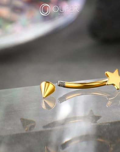 OUFER Rook Piercing Jewelry, G23 Solid Titanium Eyebrow Rings, Heart Vertical Labret Lip Jewelry, 16G Curved Barbells, Daith Rook Earrings for Women Men - color: Gold Star, size: 16G 8mm