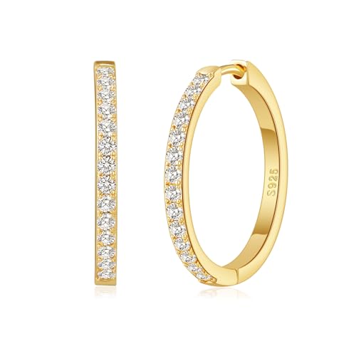 RANKEEF Gold/Silver Hoops Earrings For Women Hypoallergenic | S925 Silver Hoop Earings Lightweight Gold Hoops Gold Rhinestone Earring With Cubic Zirconia 20/30/40mm - color: Gold-20mm