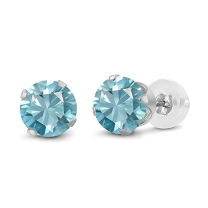 Gem Stone King 14K Gold Gemstone Birthstone Stud Earrings For Women Men | 4MM Round Cut | Solitaire Gold Studs with Secure Backs | Fine Jewelry for Her Him Mom Dad Wife - color: Blue Zircon