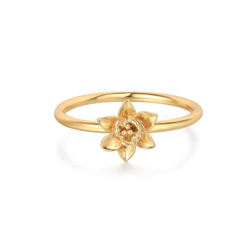 Birth Flower Stacking Ring for Women | 14K Gold Plated Brass, 12 Engraved Floral Motifs, Slim Stack-Ready Band, Available in US Sizes 5-9 - style: Mar.-Daffodil