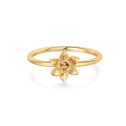 Birth Flower Stacking Ring for Women | 14K Gold Plated Brass, 12 Engraved Floral Motifs, Slim Stack-Ready Band, Available in US Sizes 5-9 - style: Mar.-Daffodil