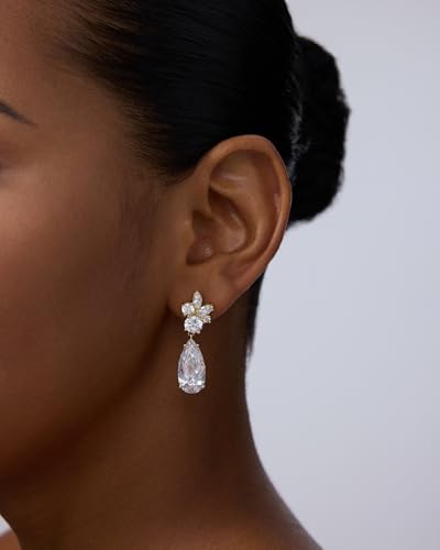 PAVOI 14K Gold Plated Cubic Zirconia Dangle Earrings for Women - Crystal Long Linear Bridal Drop Earrings - Cluster CZ Pearl Simulated Diamond Drop Dangle Wedding Jewelry for Brides & Bridesmaid - style: Teardrop