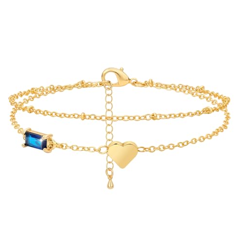 Birthstone Anklet with Heart Charm Layer Ankle Bracelet for Women, 14K Gold Plated Adjustable Chain Stackable Trendy Jewelry Gift for Her, Mom, Friend, Wife - style: 9-September