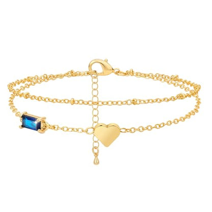 Birthstone Anklet with Heart Charm Layer Ankle Bracelet for Women, 14K Gold Plated Adjustable Chain Stackable Trendy Jewelry Gift for Her, Mom, Friend, Wife - style: 9-September