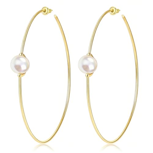 OwMell Large Hoop Earrings for Women 925 Sterling Silver Post 14K Gold Plated Big Hoops Earrings Trendy Pearl Cubic Zirconia Hoop Earrings - color: Pearl Gold