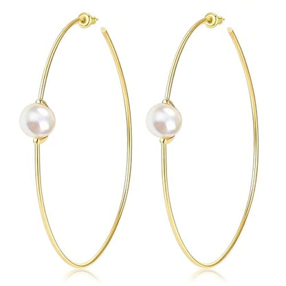 OwMell Large Hoop Earrings for Women 925 Sterling Silver Post 14K Gold Plated Big Hoops Earrings Trendy Pearl Cubic Zirconia Hoop Earrings - color: Pearl Gold
