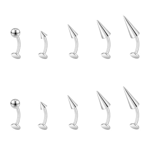ZS 16G Devil Curved Barbell Lip Ring, Stainless Steel 6/8/10/12mm Long Bar Belly Button Ring, Flat Back Tiger Teeth Vertical Labret Lip Rook Navel Piercing Jewelry - color: Silver, size: L:8mm