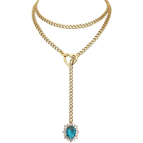 Women's Heart O-Ring Slip Chain Necklace, Double Layered Adjustable 39'' Cuban Chain with Detachable Heart Clasp and Colorful Rhinestone Pendant - color: 39'' Gold-Ocean Blue