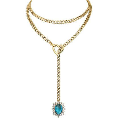 Women's Heart O-Ring Slip Chain Necklace, Double Layered Adjustable 39'' Cuban Chain with Detachable Heart Clasp and Colorful Rhinestone Pendant - color: 39'' Gold-Ocean Blue
