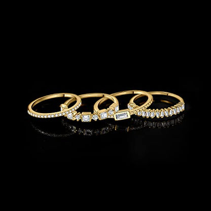 JewelryPalace Princess Emerald Cut CZ Stackable Wedding Ring Eternity Bands for Women, Cubic Zirconia 925 Sterling Silver 14k Yellow Rose Gold Plated Promise Ring for Her, 4pc Anniversary Ring Sets - color: E-4Pcs-Yellow Gold Plated