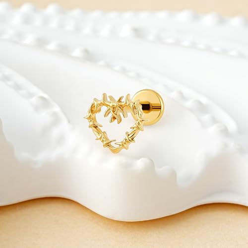 Hollow Heart Piercing Jewelry Collection - ASTM F136 Titanium Internally Threaded Flat Back Stud for Cartilage, Helix, Conch - color: Spiked Heart - Gold
