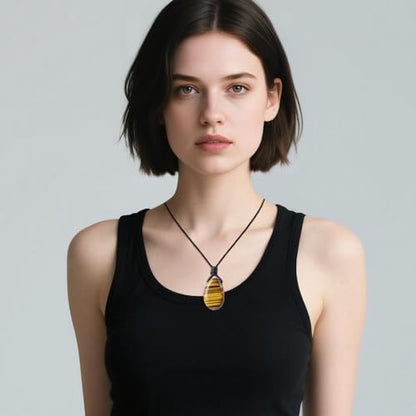 Natural Gemstone Pendant Necklace Healing Crystal Stone Choker Necklace Adjustable Waxed Black Rope for Men - color: Tiger's Eye