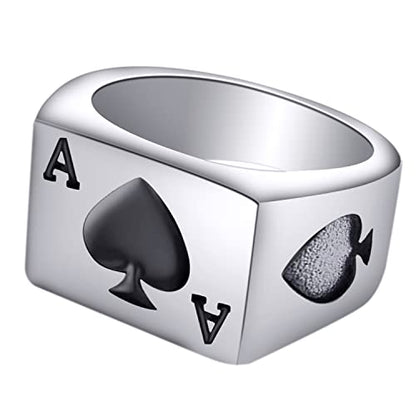 Men's Stainless Steel Square Biker Signet Ring, Black Silver Gold Styles | plain flat top, polished and brushed finish options, chunky profile, pinky or thumb styling, gift-ready for dad or him - color: Spade Ace