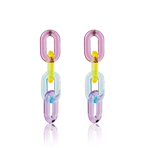 Funky Rainbow Clear Pastel Acrylic Extra Long Link Chain Dangle Earrings Statement Resin Geometric Paperclip Chain Drop Earrings Coloful Lightweight Jewelry for Women Gifts